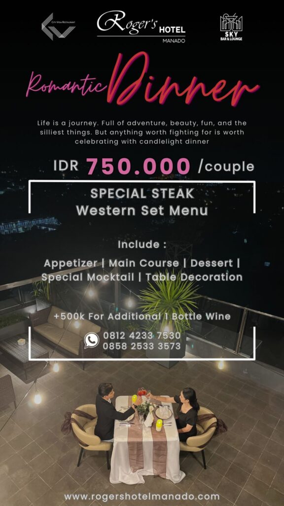 Rogers Hotel Manado Special Offers Promo Package City View Restaurant Sky Bar and Lounge Romantic dinner couple candle light Roger's hotel Klabat