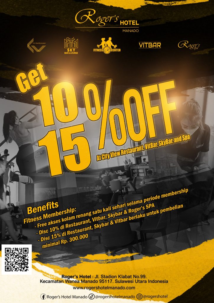 rogers hotel manado special offers fitness center membership benefits get discount 10 15 off at city view restaurant vitbar skybar and spa roger's hotel